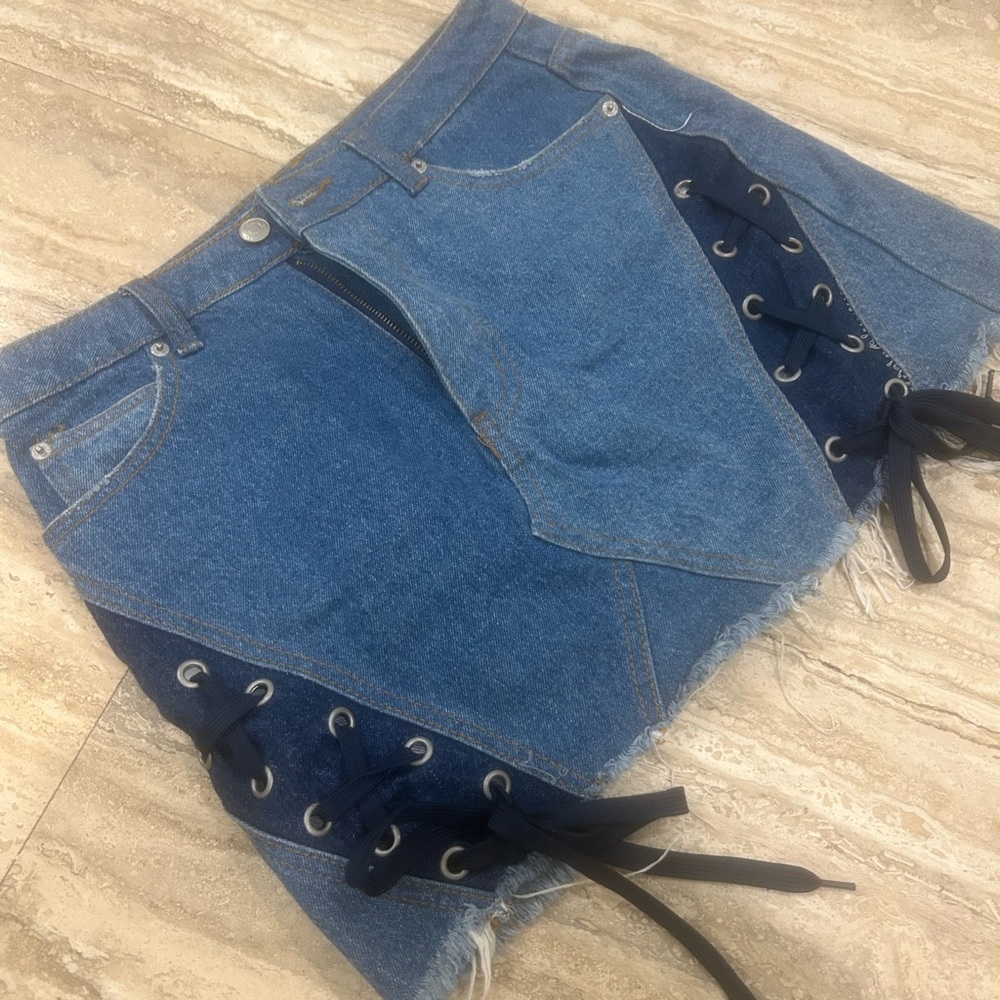 Denim Skirt with Lace-Up Detail fits like a medium